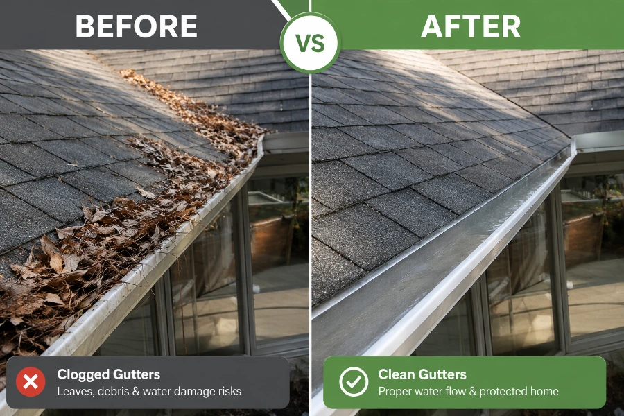 Before and after gutter cleaning in Greenville SC