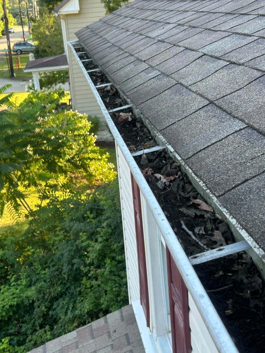 Gutter channel filled with dark leaves and wet debris before professional cleaning
